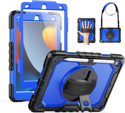 for Ipad 9Th/8Th/7Th Generation Case 10.2" 2021-2019, Full-Body Shockproof Heavy Duty Protective Case with Screen Protector, Rotating Stand/Handle/Shoulder Strap for Ipad 10.2, Black/Blue