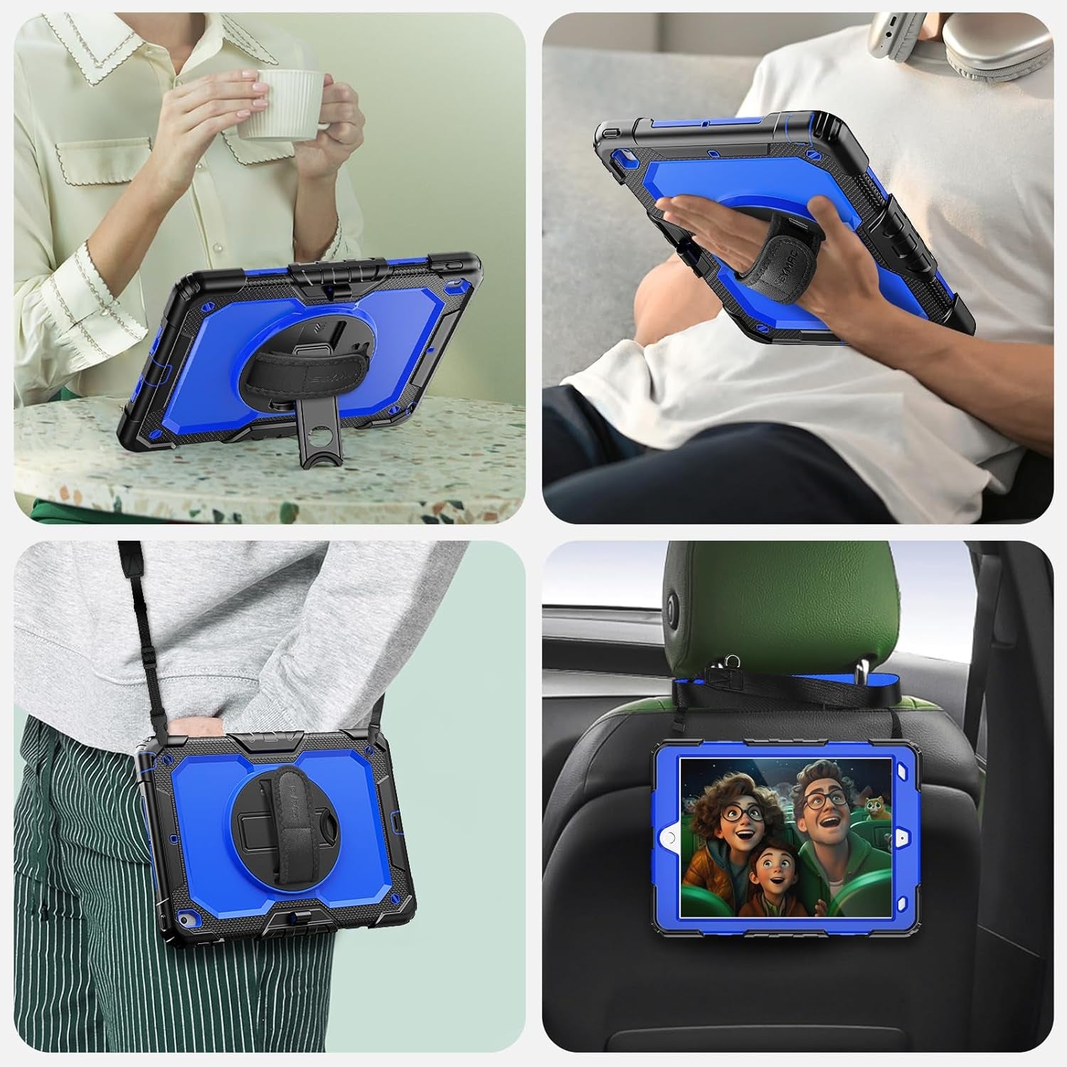 for Ipad 9Th/8Th/7Th Generation Case 10.2" 2021-2019, Full-Body Shockproof Heavy Duty Protective Case with Screen Protector, Rotating Stand/Handle/Shoulder Strap for Ipad 10.2, Black/Blue